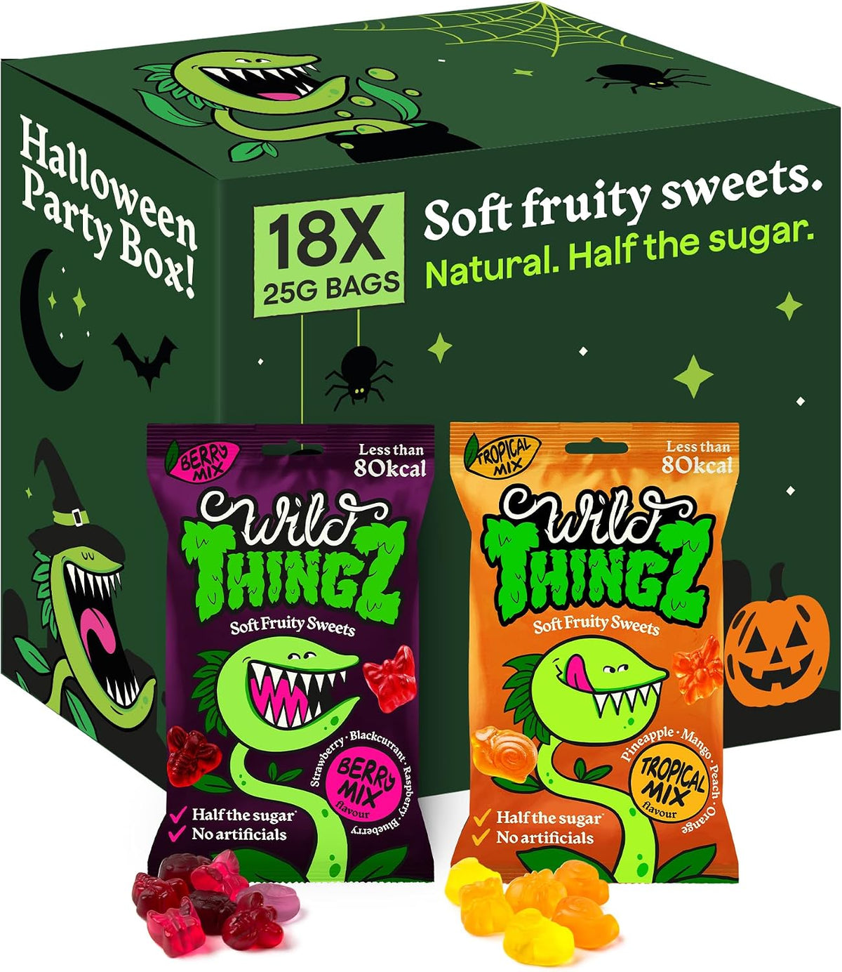 Haloween Box - (Pack of 18) Mixed Flavour Organic & Low Sugar Natural Gummy Sweets, Vegan & Gluten Free - Perfect for a healthier Halloween Trick or Treat