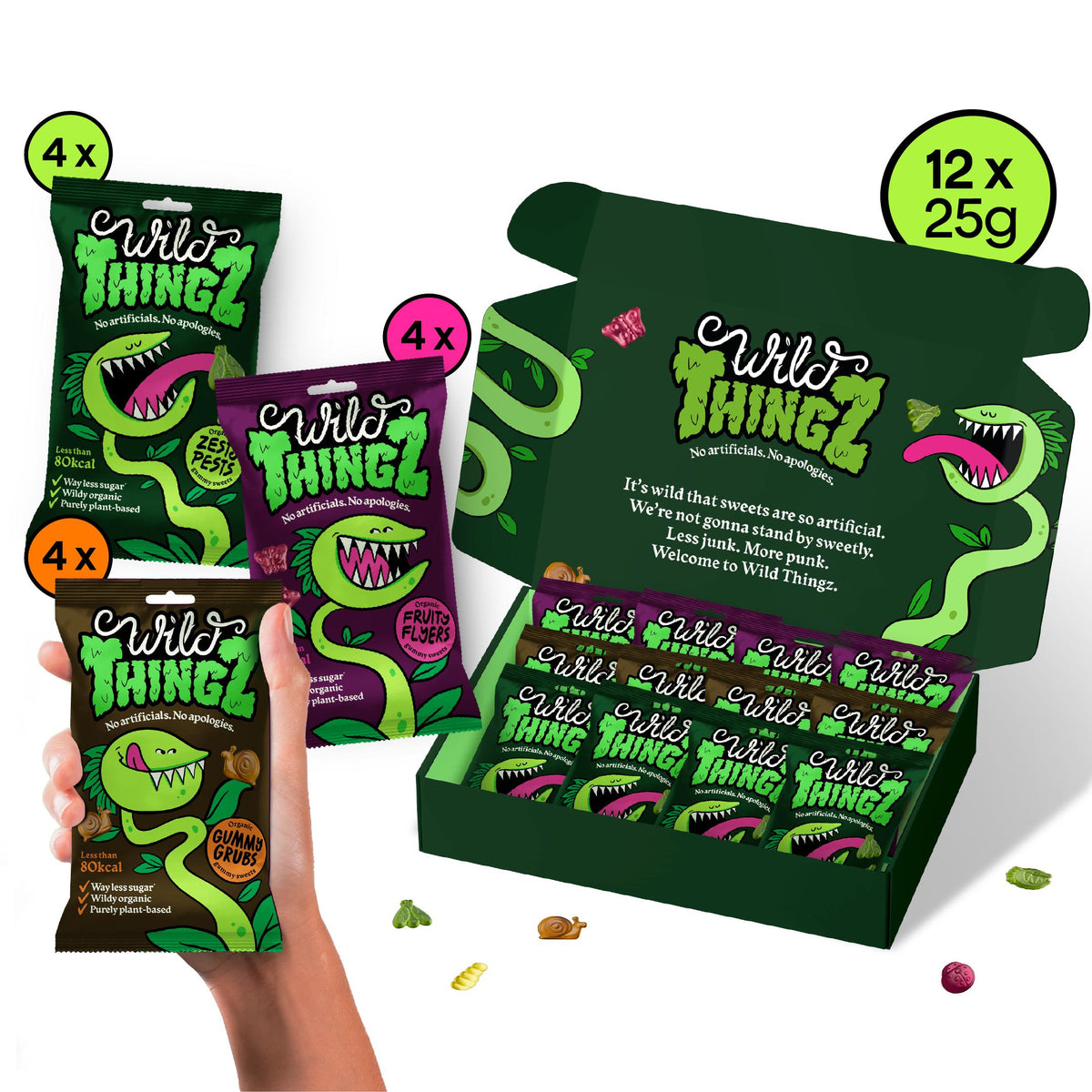 Party Box (Pack of 12) - Wild Thingz Mixed Flavour Organic & Low Sugar Natural Gummy Sweets, Vegan & Gluten Free Party Box - Perfect for Lunchboxes, Parties, Offices or as Gifts 25 g