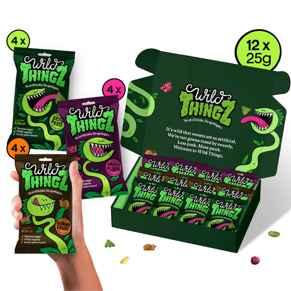 Party Box (Pack of 12) - Wild Thingz Mixed Flavour Organic & Low Sugar Natural Gummy Sweets, Vegan & Gluten Free Party Box - Perfect for Lunchboxes, Parties, Offices or as Gifts 25 g