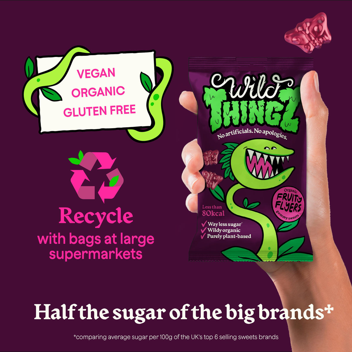 Treat Box - (Pack of 24) Wild Thingz Mixed Flavour Organic & Low Sugar Natural Gummy Sweets, Vegan & Gluten Free Party Box - Perfect for Lunchboxes, Party Bags, Offices or as Gifts 25 g