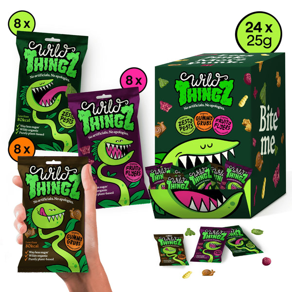 Treat Box - (Pack of 24) Wild Thingz Mixed Flavour Organic & Low Sugar Natural Gummy Sweets, Vegan & Gluten Free Party Box - Perfect for Lunchboxes, Party Bags, Offices or as Gifts 25 g