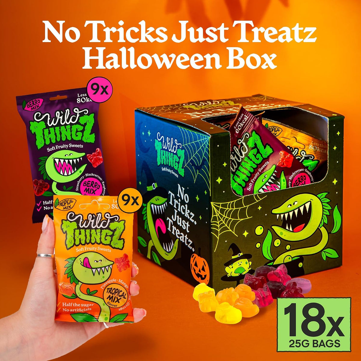 Haloween Box - (Pack of 18) Mixed Flavour Organic & Low Sugar Natural Gummy Sweets, Vegan & Gluten Free - Perfect for a healthier Halloween Trick or Treat
