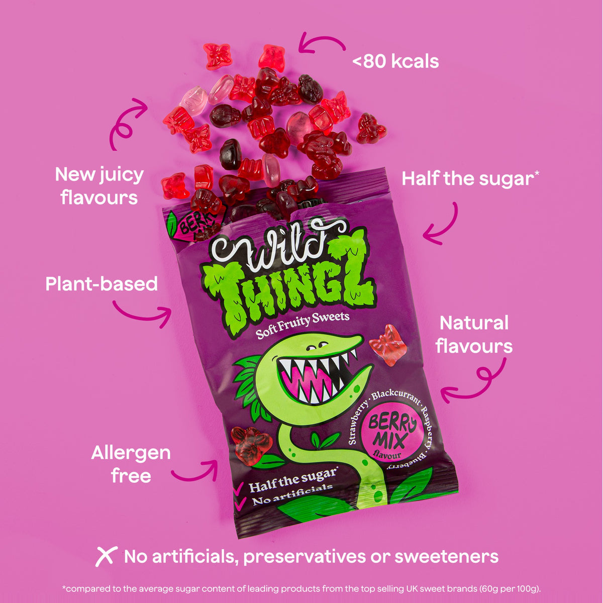 104g Wild Thingz Berry Mix sharebag: new juicy flavours, half the sugar, plant-based, gluten free, natural flavours