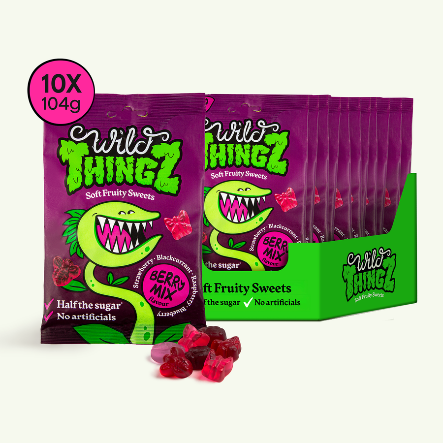 Wild Thingz Berry Mix sharebag with a case of 10 x 104g bags and red and purple gummies