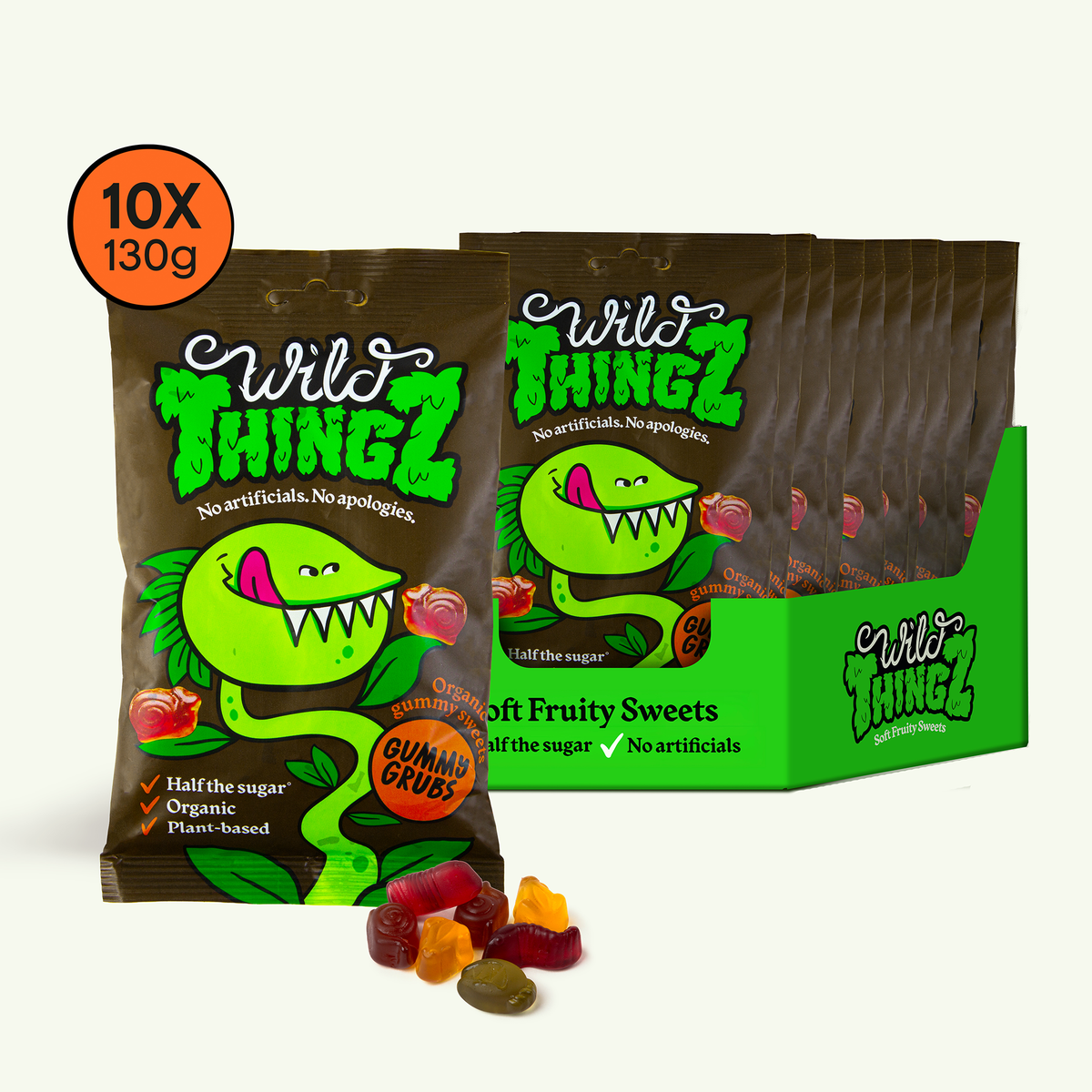 Wild Thingz Organic Gummy Grubs sharebag with a case of 10 x 130g bags and gummies