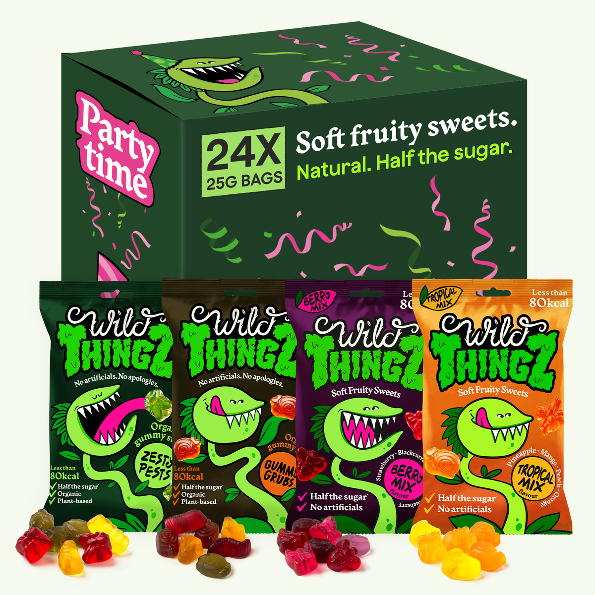 Wild Thingz Variety Party Box: 24 x 25g bags of soft fruity sweets in all four flavours