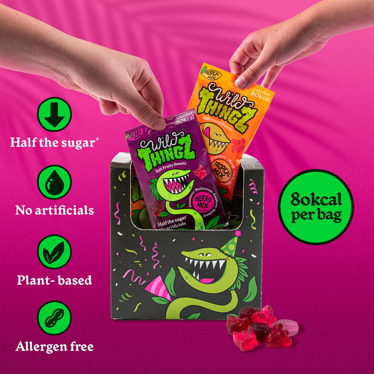 Hands taking bags from the Party Box: half the sugar, no artificials, plant-based, allergen free, 80kcal per bag