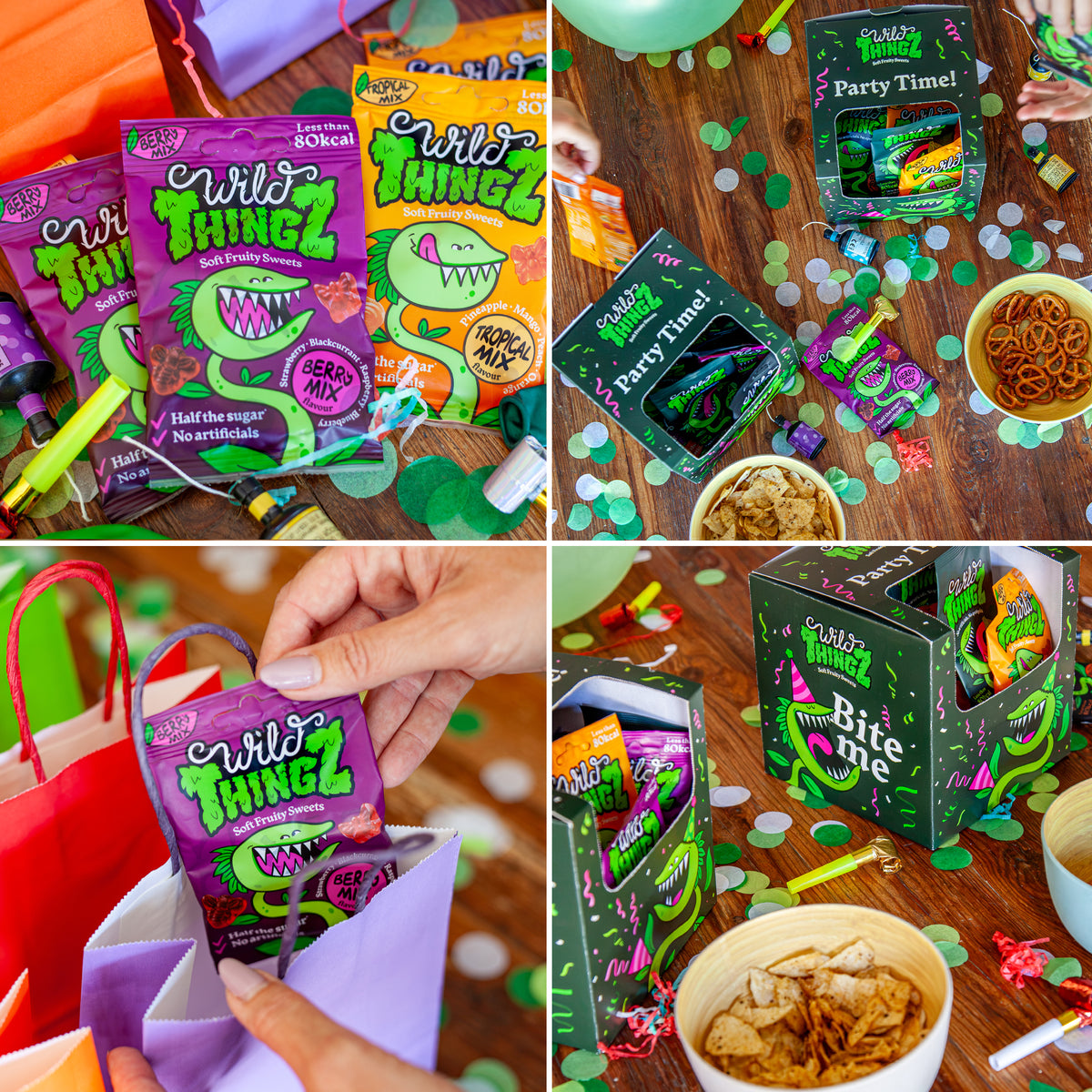 Wild Thingz at a kids party: bags on a party table, in a party bag and next to the Party Time box