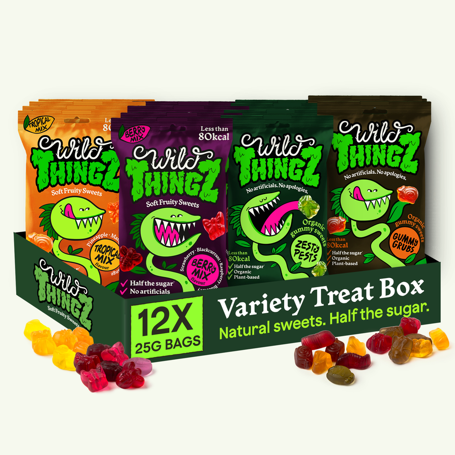 Wild Thingz Variety Treat Box: 12 x 25g bags of soft fruity sweets in Berry Mix, Tropical Mix, Zesty Pests and Gummy Grubs