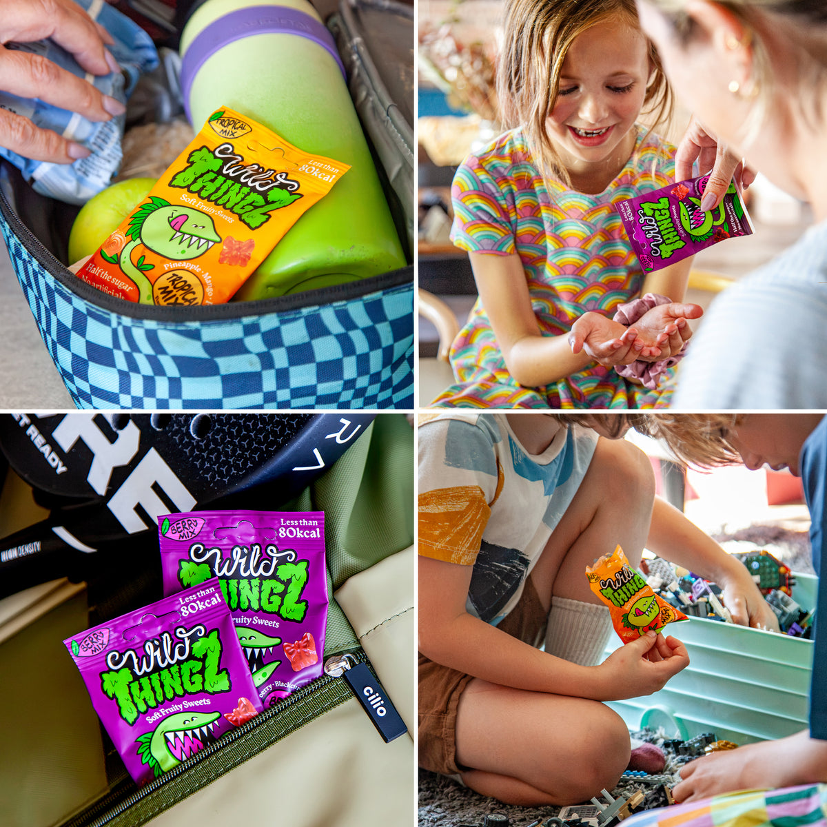 Wild Thingz in everyday moments: in a lunchbox, a child sharing gummies, in a sports bag and at a Lego play date