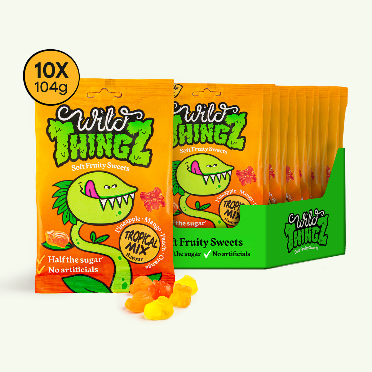 Wild Thingz Tropical Mix sharebag with a case of 10 x 104g bags and gummies