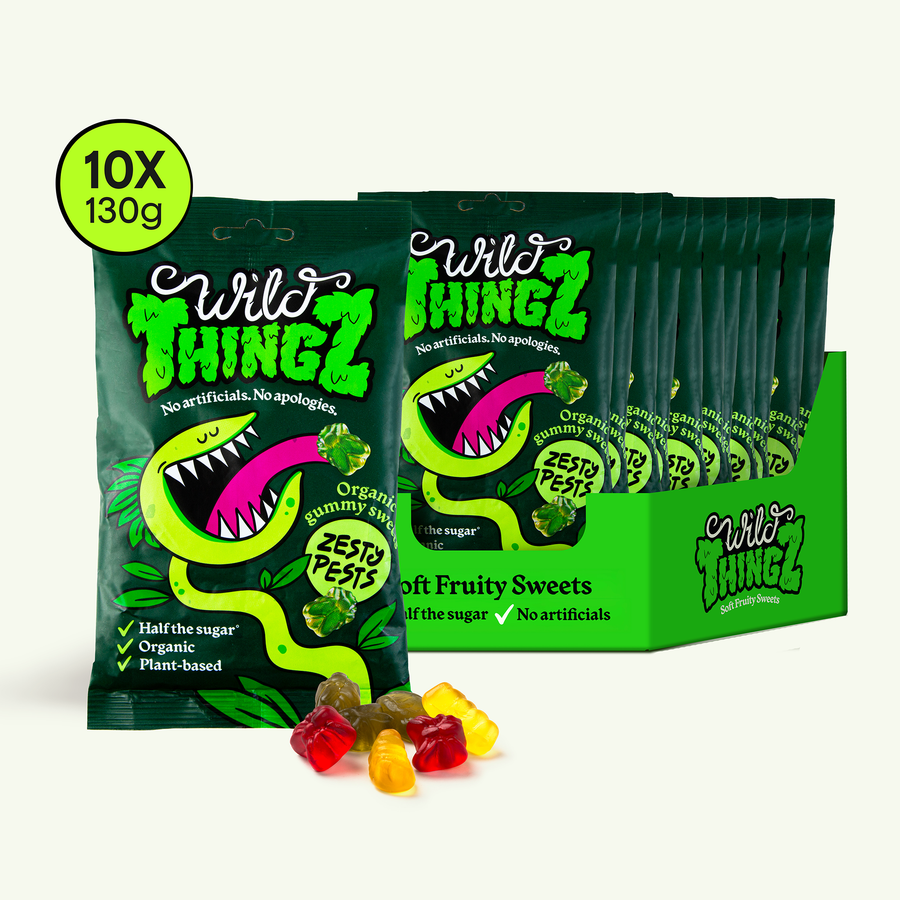 Wild Thingz Organic Zesty Pests sharebag with a case of 10 x 130g bags and gummies